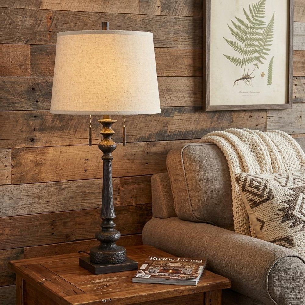 32" Charcoal Two Light Table Lamp With Tan Drum Shade HomeRoots
