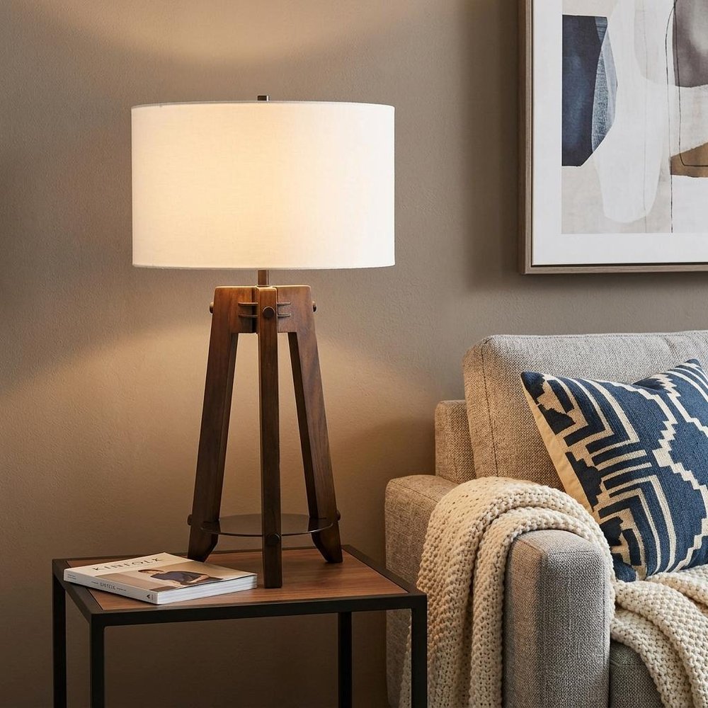 32" Brown Metal Tripod Table Lamp With Off White Drum Shade HomeRoots