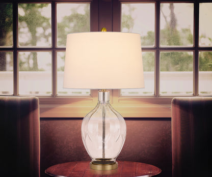 30" Clear Metal Table Lamp With Off White Drum Shade