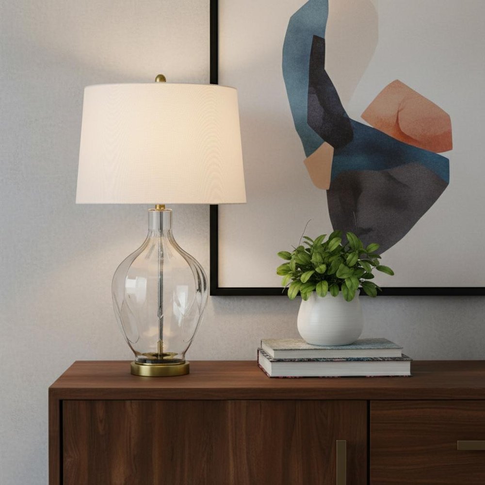 30" Clear Metal Table Lamp With Off White Drum Shade — view 4