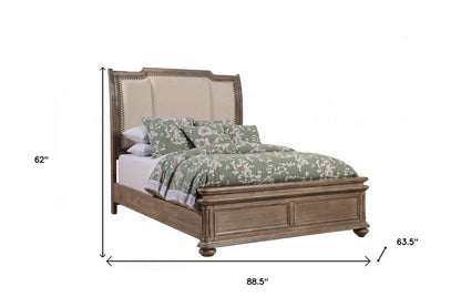 Brown and Beige Distressed Solid Wood And Faux Leather Queen Bed Frame with Nailhead Trim HomeRoots