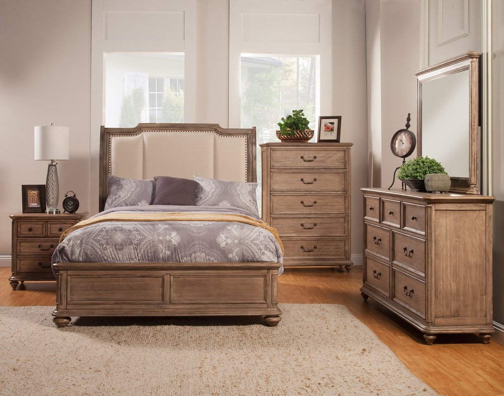 Brown and Beige Distressed Solid Wood And Faux Leather Queen Bed Frame with Nailhead Trim HomeRoots