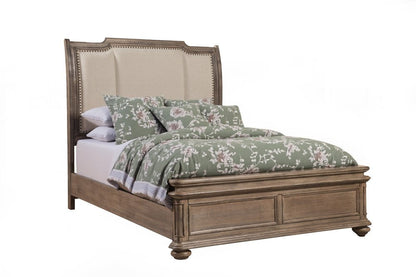 Brown and Beige Distressed Solid Wood And Faux Leather Queen Bed Frame with Nailhead Trim HomeRoots