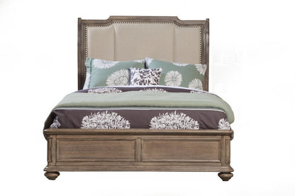 Brown and Beige Distressed Solid Wood And Faux Leather Queen Bed Frame with Nailhead Trim HomeRoots