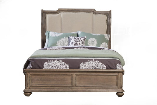 Brown and Beige Distressed Solid Wood And Faux Leather Queen Bed Frame with Nailhead Trim HomeRoots