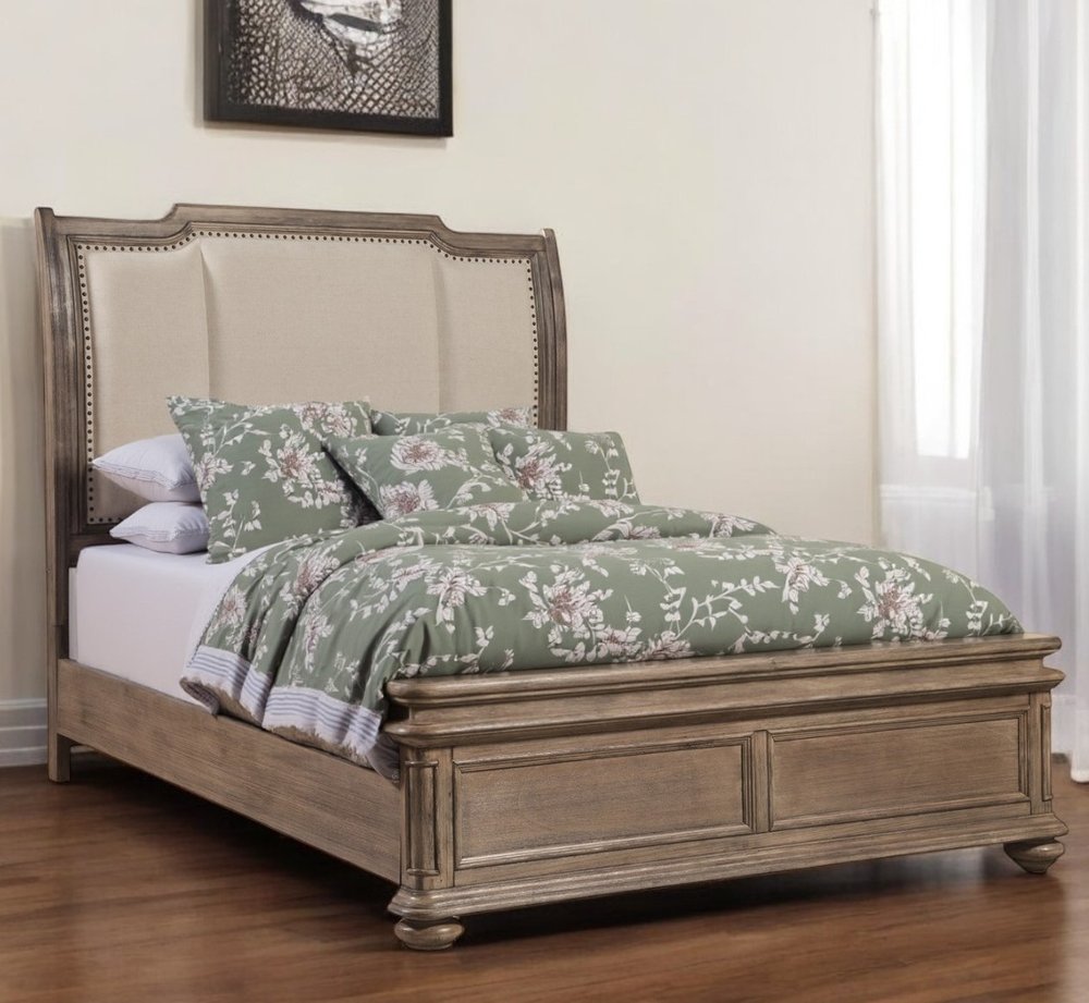 Brown and Beige Distressed Solid Wood And Faux Leather Queen Bed Frame with Nailhead Trim HomeRoots