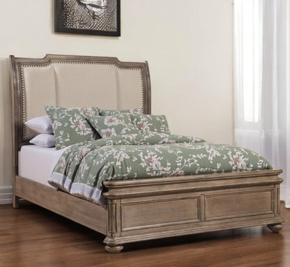 Brown and Beige Distressed Solid Wood And Faux Leather Queen Bed Frame with Nailhead Trim HomeRoots