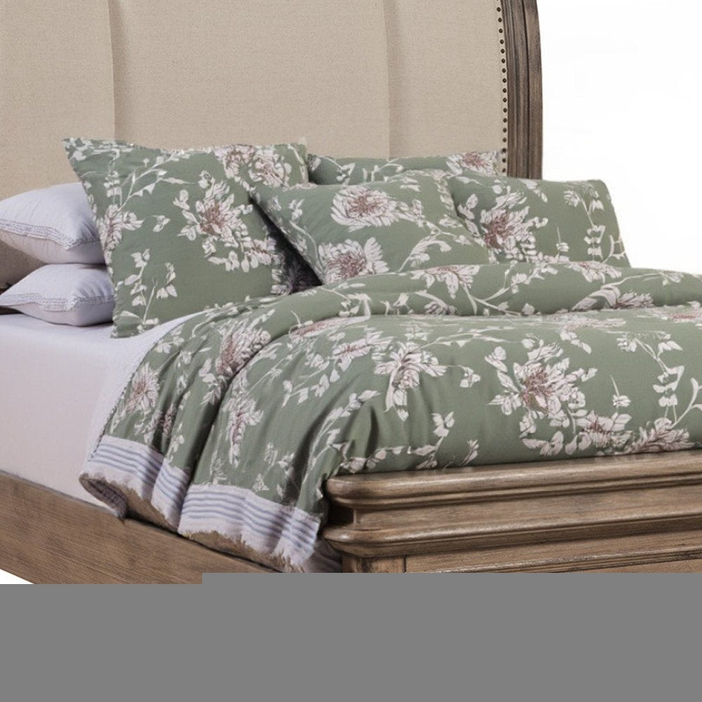 Brown and Beige Distressed Solid Wood And Faux Leather Queen Bed Frame with Nailhead Trim HomeRoots