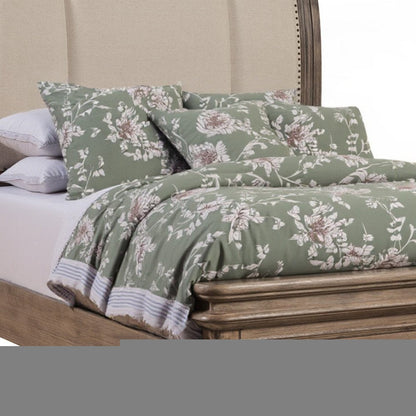 Brown and Beige Distressed Solid Wood And Faux Leather Queen Bed Frame with Nailhead Trim HomeRoots