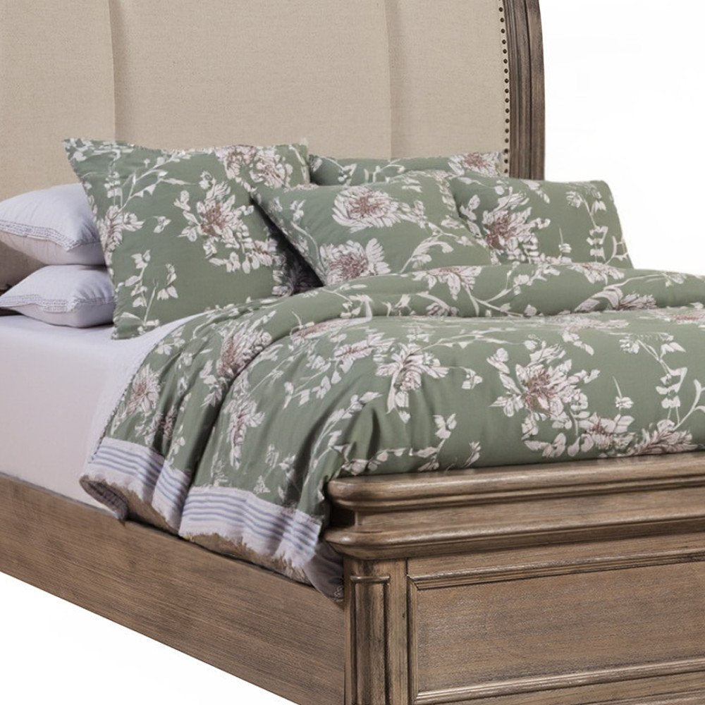 Brown and Beige Distressed Solid Wood And Faux Leather Queen Bed Frame with Nailhead Trim HomeRoots