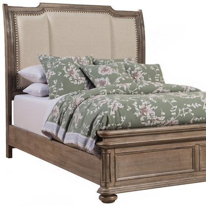 Brown and Beige Distressed Solid Wood And Faux Leather Queen Bed Frame with Nailhead Trim HomeRoots