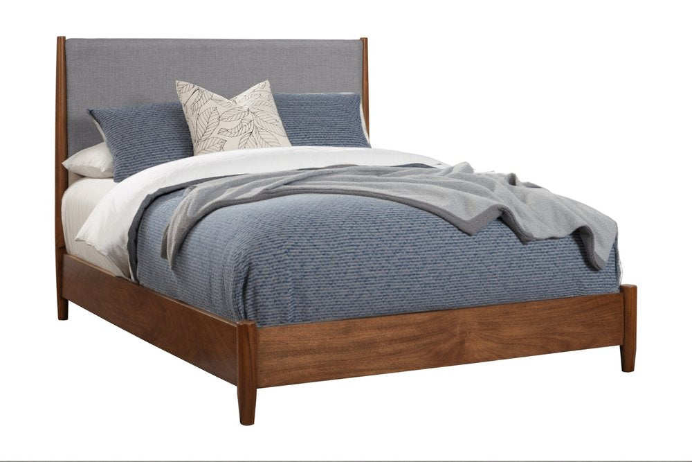 Brown and Gray Solid Wood And Linen Queen Bed Frame HomeRoots