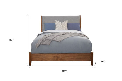 Brown and Gray Solid Wood And Linen Queen Bed Frame HomeRoots