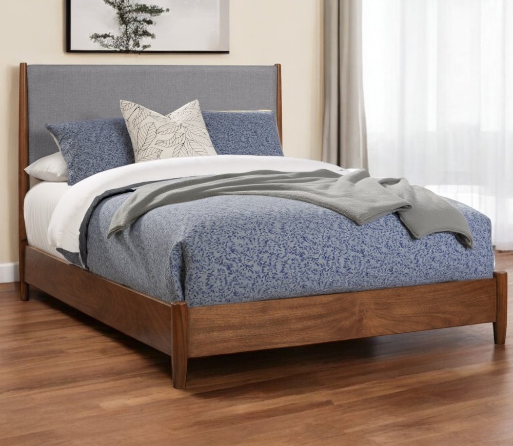 Brown and Gray Solid Wood And Linen King Bed Frame HomeRoots