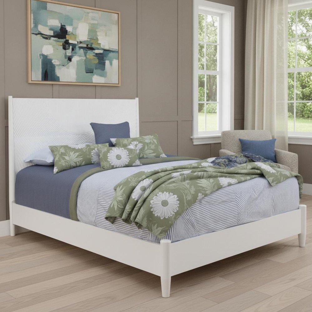 White Carved Geometric Solid Wood Queen Bed Frame HomeRoots