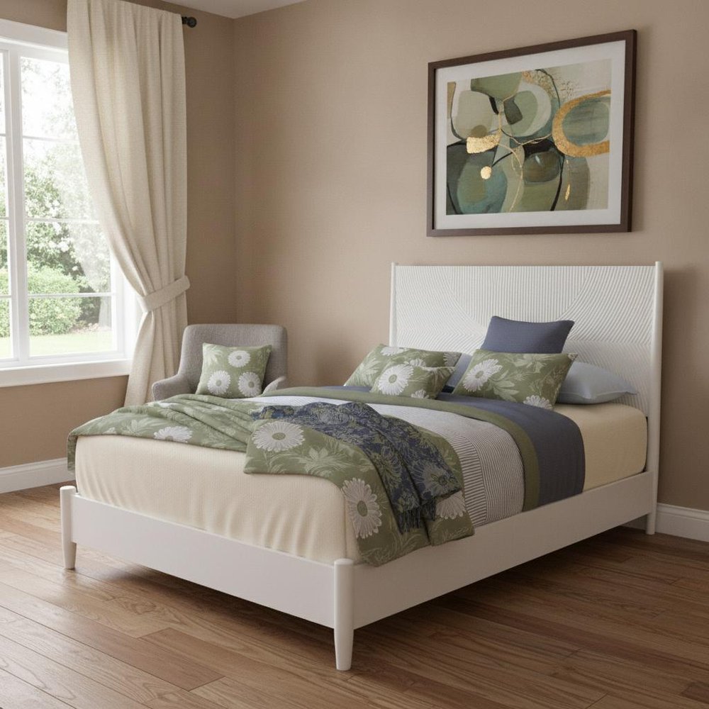 White Carved Geometric Solid Wood King Bed Frame HomeRoots