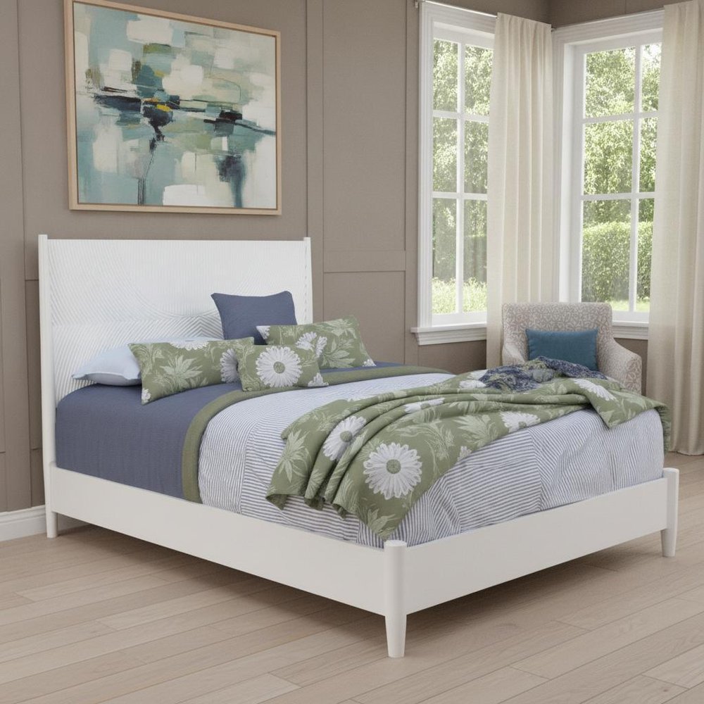 White Carved Geometric Solid Wood Full Bed Frame HomeRoots