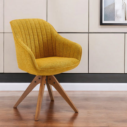 23" Yellow And Natural Fabric And Wood Swivel Arm Chair