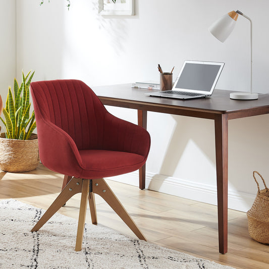 23" Red And Natural Tufted Fabric Swivel Arm Chair