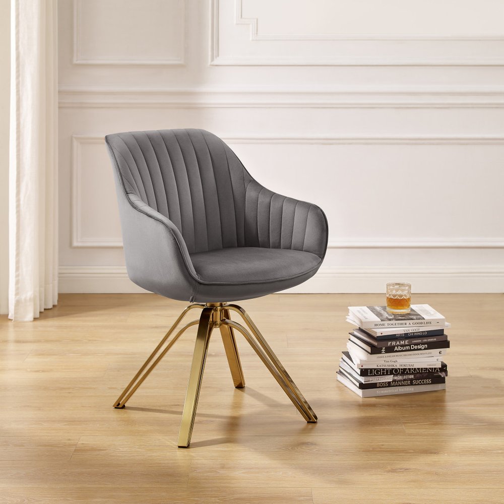 23" Gray Velvet And Gold Swivel Arm Chair HomeRoots