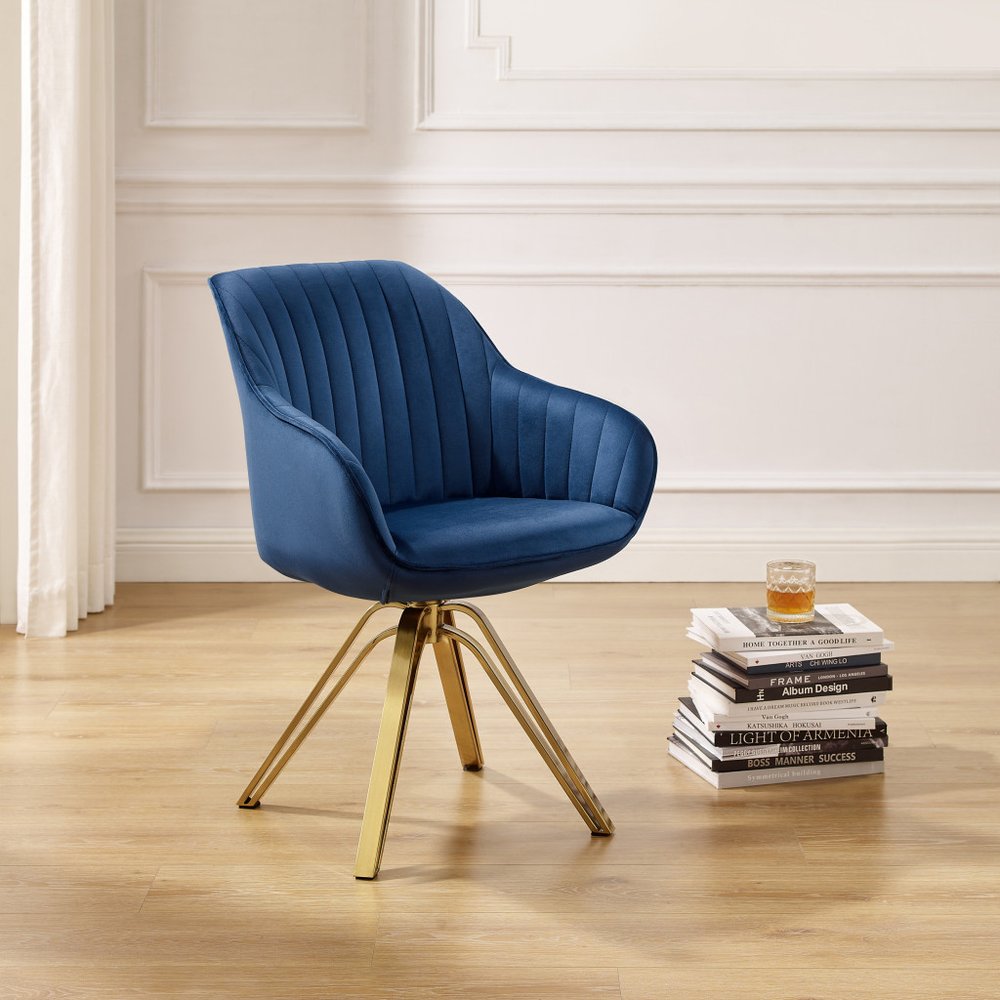23" Blue And Gold Velvet Swivel Arm Chair HomeRoots