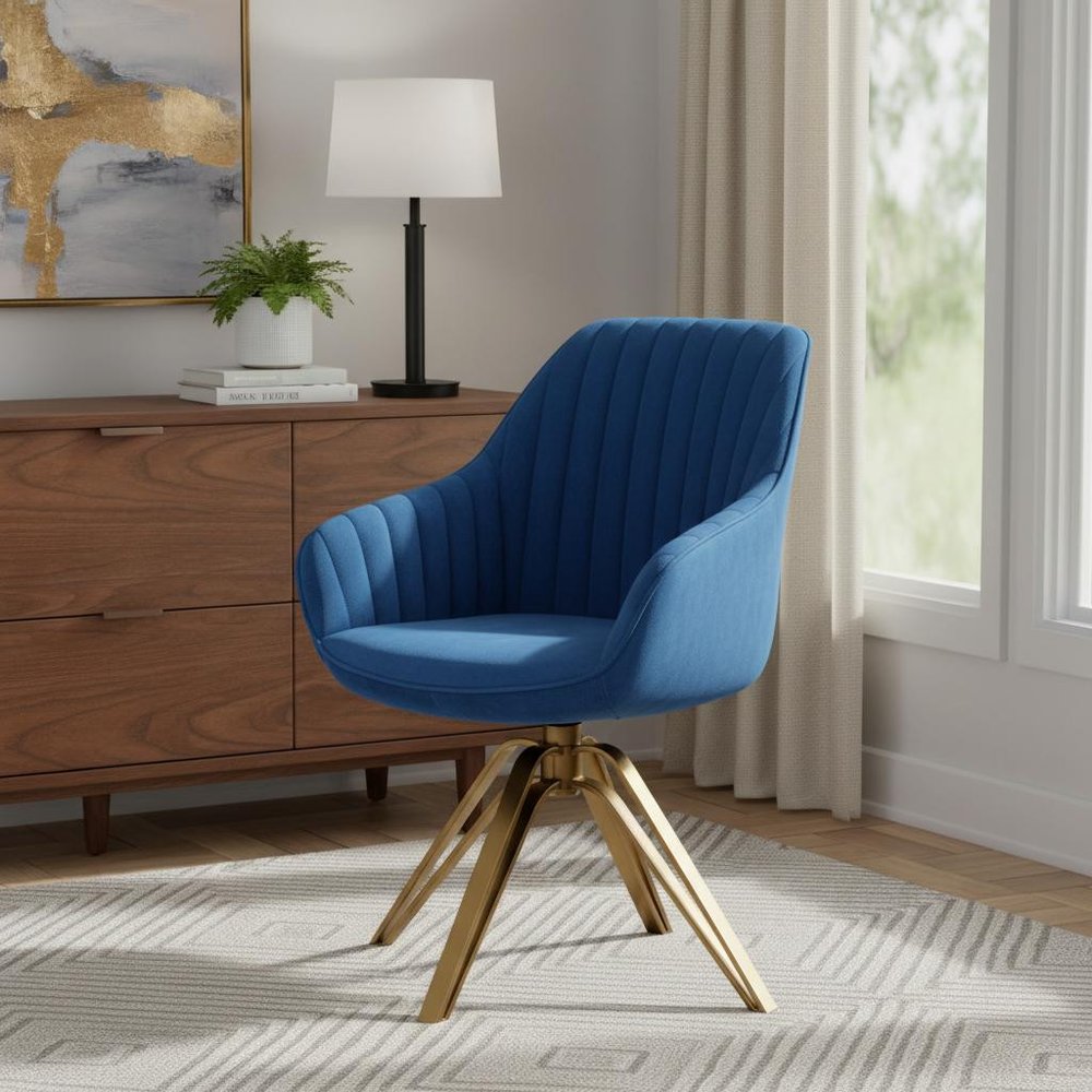 23" Blue And Gold Velvet Swivel Arm Chair HomeRoots