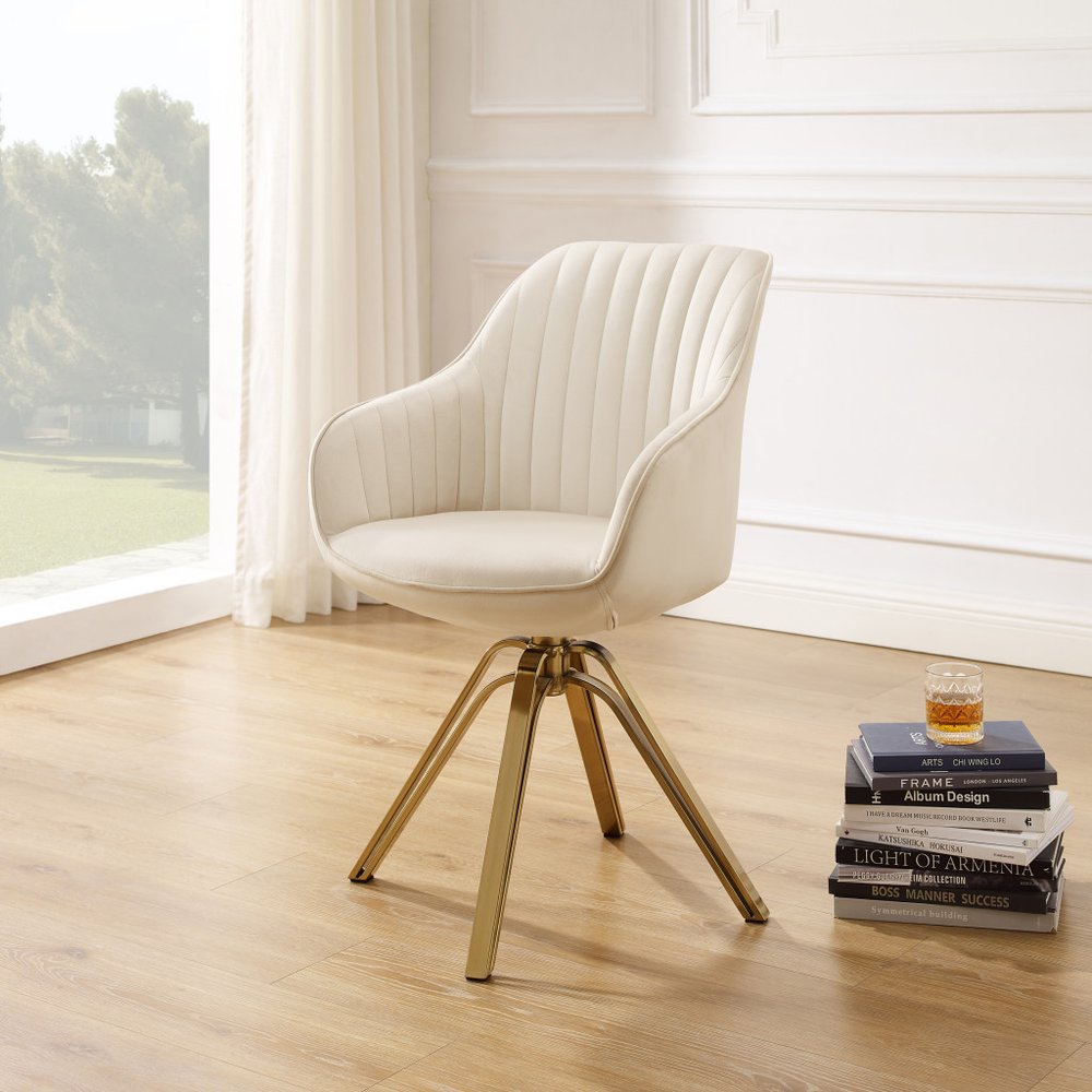 23" Off White And Gold Velvet Swivel Arm Chair HomeRoots