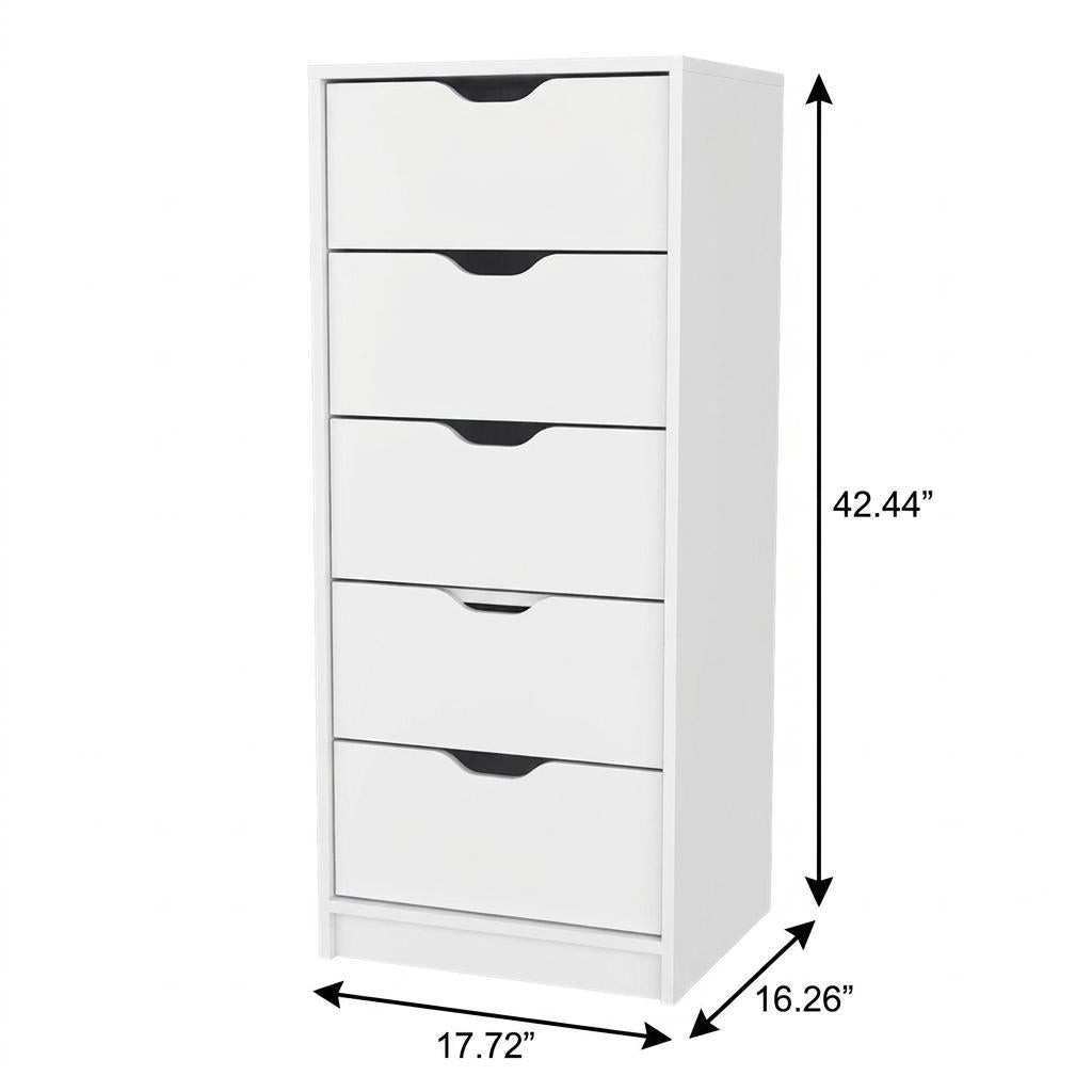18" White Wood Five Drawer Dresser