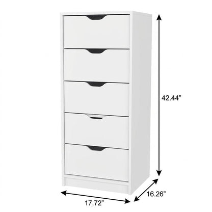 18" White Wood Five Drawer Dresser