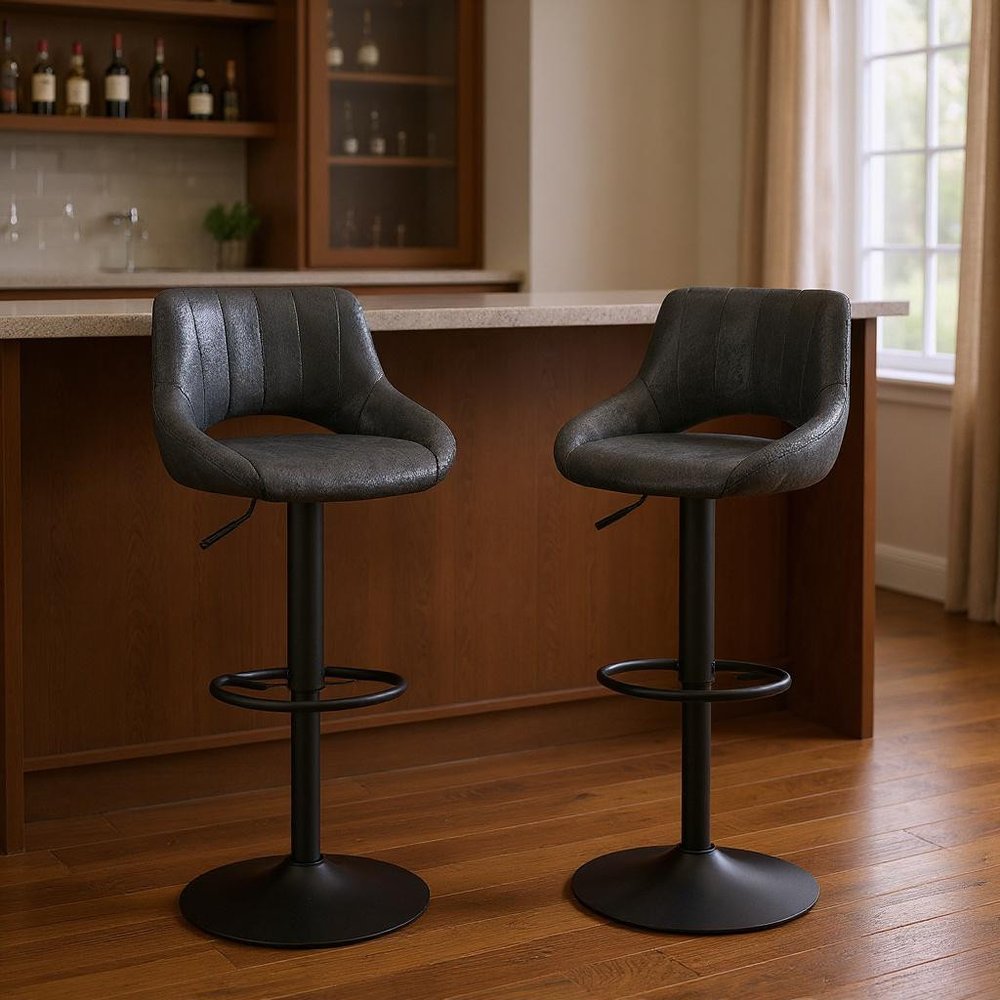 Set of Two 32" Black Faux Leather And Steel Swivel Low Back Adjustable Height Bar Chairs HomeRoots