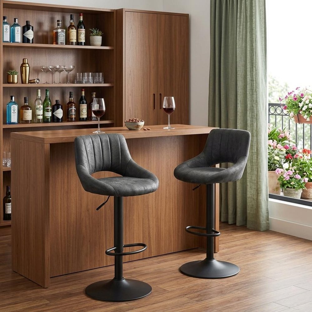 Set of Two 32" Black Faux Leather And Steel Swivel Low Back Adjustable Height Bar Chairs HomeRoots