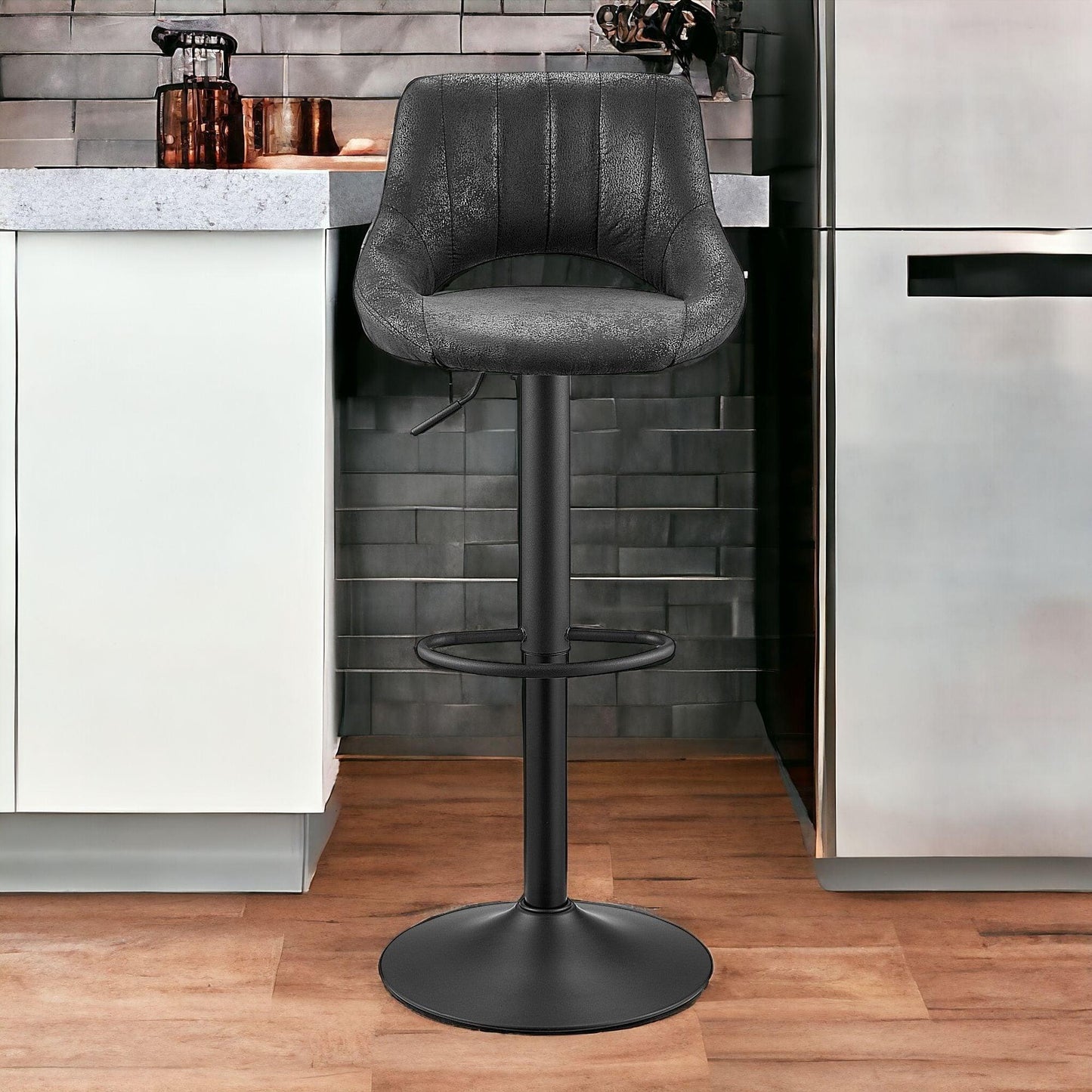 Set of Two 32" Black Faux Leather And Steel Swivel Low Back Adjustable Height Bar Chairs - FurniFindUSA