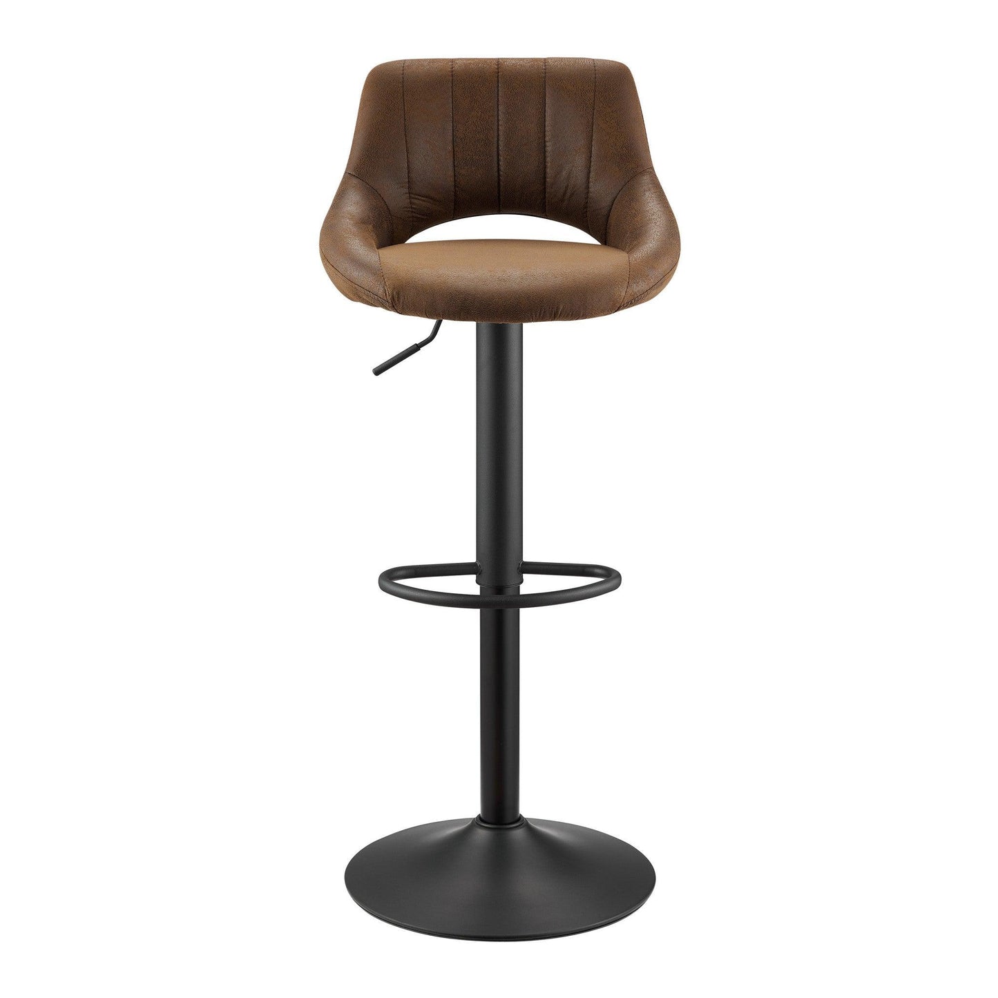 Set of Two 32" Brown And Black Faux Leather And Steel Swivel Low Back Adjustable Height Bar Chairs - FurniFindUSA