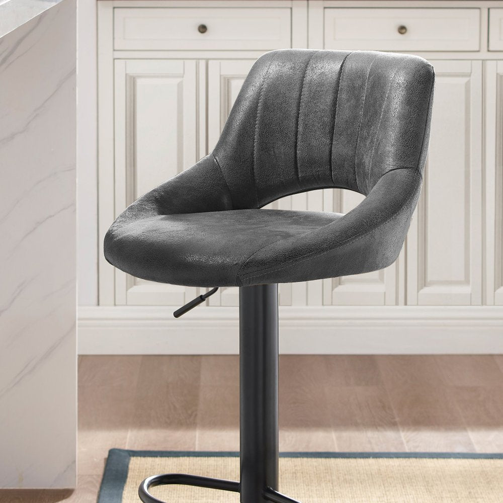 Set of Two 32" Gray And Black Faux Leather And Steel Swivel Low Back Adjustable Height Bar Chairs HomeRoots