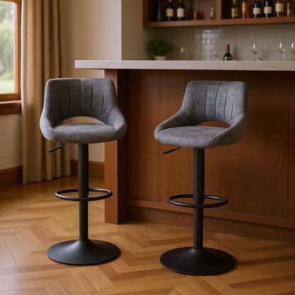 Set of Two 32" Gray And Black Faux Leather And Steel Swivel Low Back Adjustable Height Bar Chairs HomeRoots