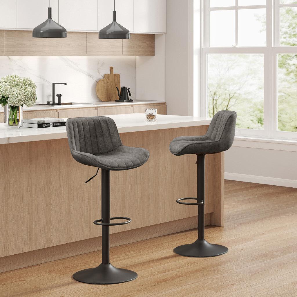 Set of Two 31" Gray And Black Faux Leather And Steel Swivel Low Back Adjustable Height Bar Chairs - FurniFindUSA