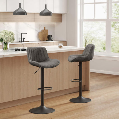 Set of Two 31" Gray And Black Faux Leather And Steel Swivel Low Back Adjustable Height Bar Chairs - FurniFindUSA