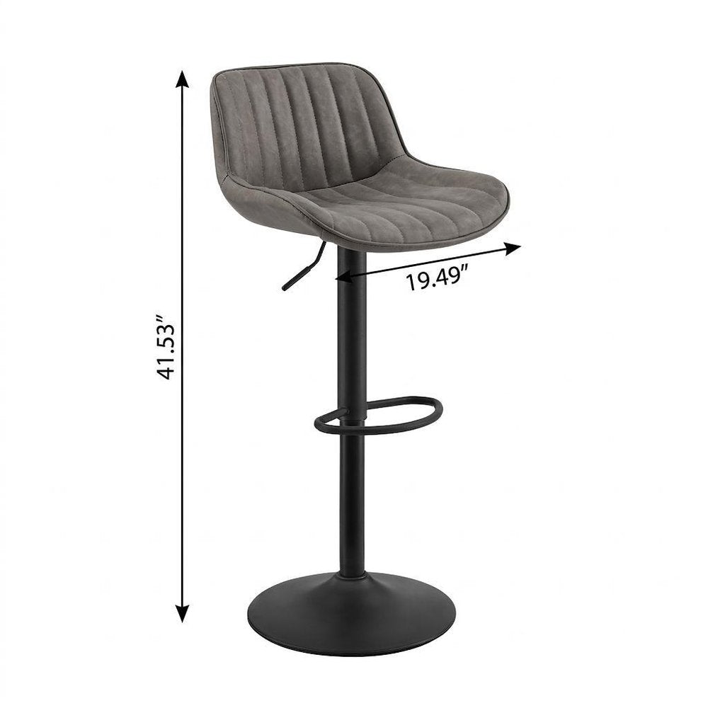 Set of Two Gray And Black Faux Leather And Steel Low Back Adjustable Height Swivel Bar Chairs HomeRoots