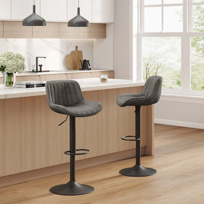 Set of Two 31" Gray And Black Faux Leather And Steel Swivel Low Back Adjustable Height Bar Chairs HomeRoots