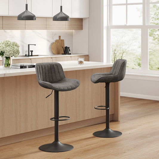 Set of Two Gray And Black Faux Leather And Steel Low Back Adjustable Height Swivel Bar Chairs HomeRoots