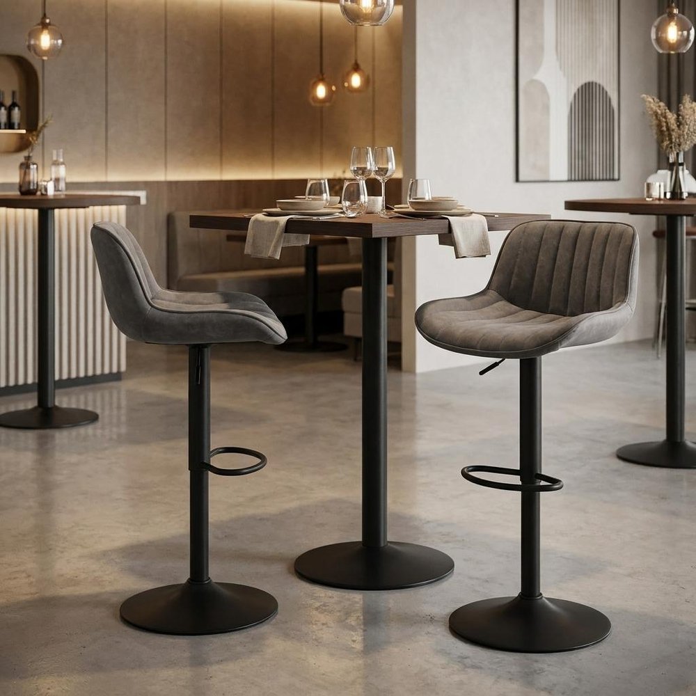 Set of Two Gray And Black Faux Leather And Steel Low Back Adjustable Height Swivel Bar Chairs
