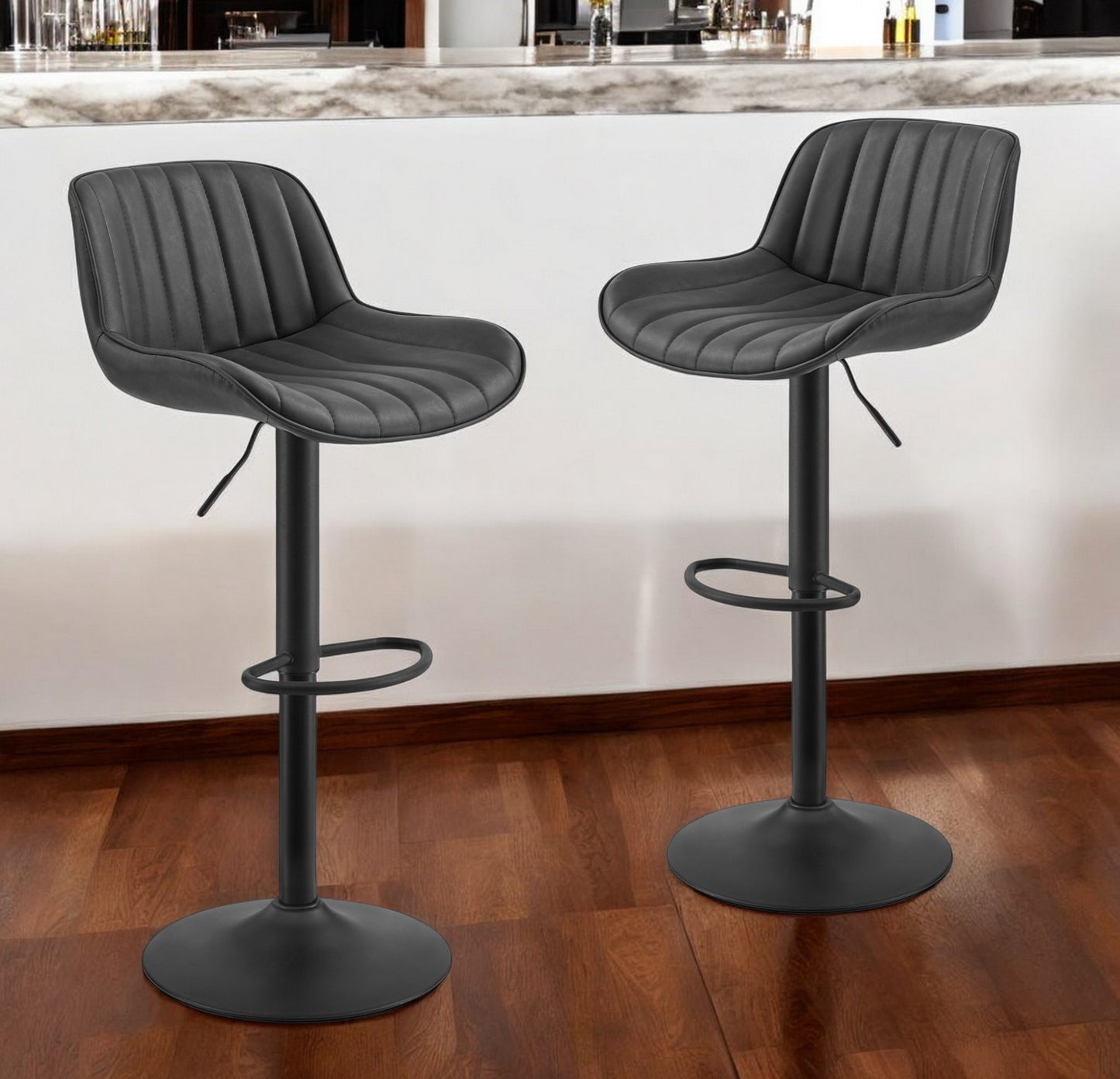 Set of Two 31" Black Faux Leather And Steel Swivel Low Back Adjustable Height Bar Chairs