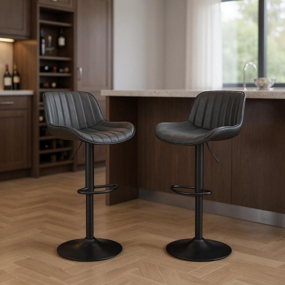 Set of Two 31" Black Faux Leather And Steel Swivel Low Back Adjustable Height Bar Chairs HomeRoots