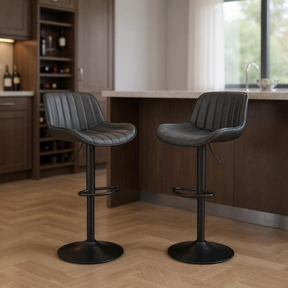 Set of Two 31" Black Faux Leather And Steel Swivel Low Back Adjustable Height Bar Chairs HomeRoots