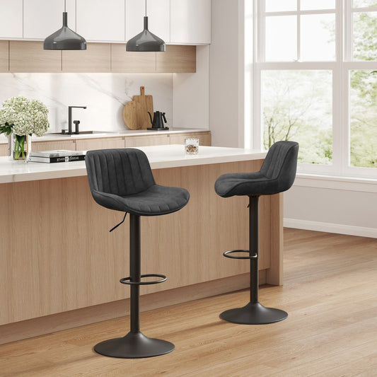Set of Two Black Faux Leather And Steel Low Back Adjustable Height Swivel Bar Chairs HomeRoots