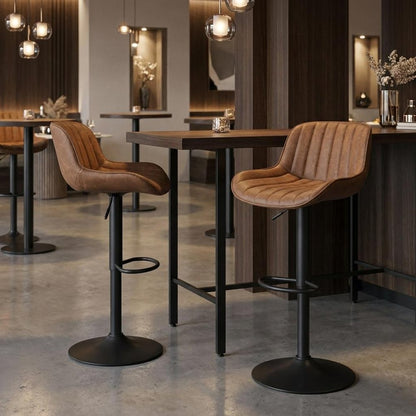 Set of Two Brown And Black Faux Leather And Steel Low Back Adjustable Height Swivel Bar Chairs HomeRoots