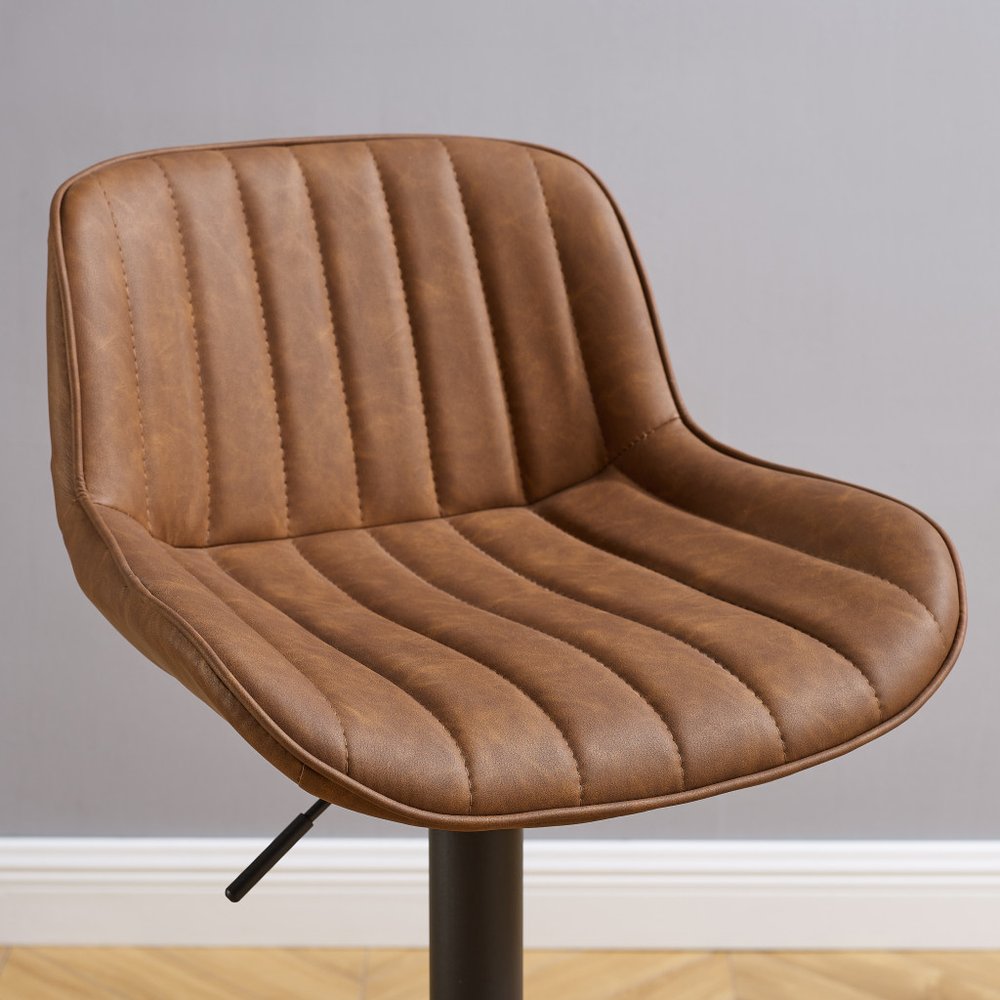Set of Two Brown and Black Faux Leather and Steel Low Back Adjustable Height Swivel Bar Chairs HomeRoots