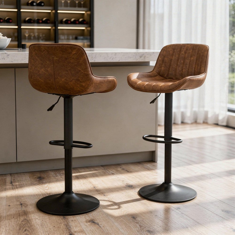 Set of Two Brown And Black Faux Leather And Steel Low Back Adjustable Height Swivel Bar Chairs HomeRoots