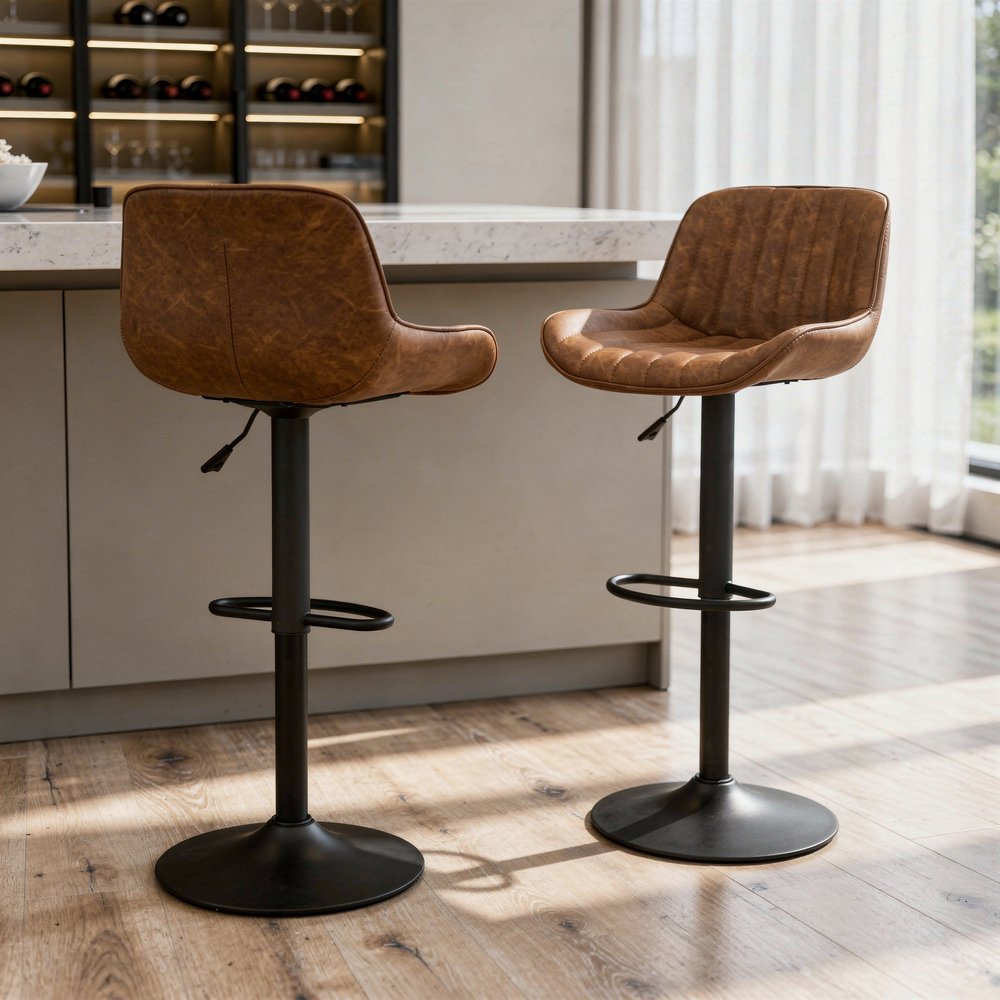 Set of Two 31" Brown And Black Faux Leather And Steel Swivel Low Back Adjustable Height Bar Chairs HomeRoots