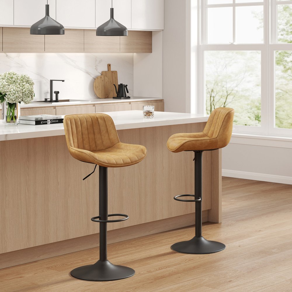 Set of Two 31" Yellow And Black Faux Leather And Steel Swivel Low Back Adjustable Height Bar Chairs HomeRoots